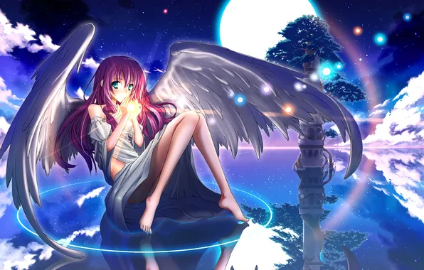 Picture sea, space, tree, tower, Girl, wings, angel