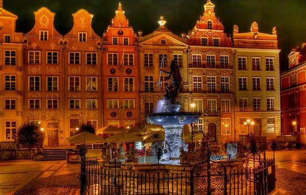 The sky, night, lights, home, area, fountain, Poland, gdansk