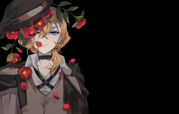 Flowers, hat, guy, Camellia, Bungou Stray Dogs, Stray Dogs: A Literary Genius, Nakahara Chuuya