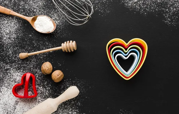 Table, holiday, heart, heart, spoon, hearts, black background, nuts