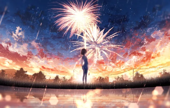 Water, girl, fantasy, fireworks, Starfall
