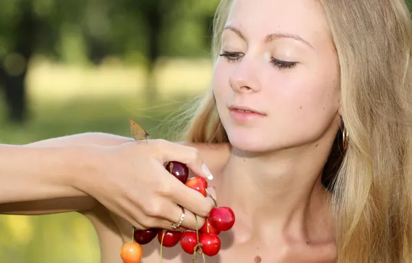 Girl, long hair, beautiful, pretty, lips, face, fruits, attractive