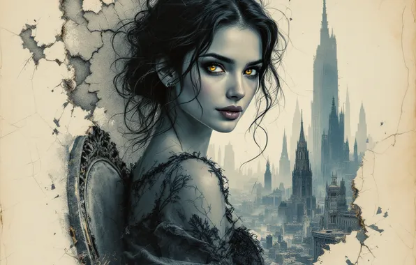 Look, girl, face, the city, cracked, portrait, imitation painting, AI art