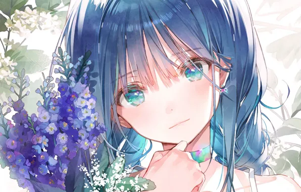 Blue eyes, blue hair, bangs, blue flowers, chalker, the girl's face