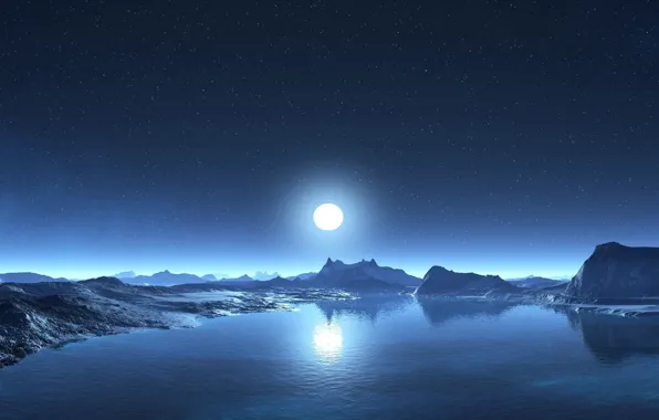 The sky, water, stars, mountains, shore, The moon