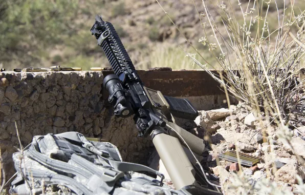 Grass, stones, machine, bag, sleeve, assault rifle
