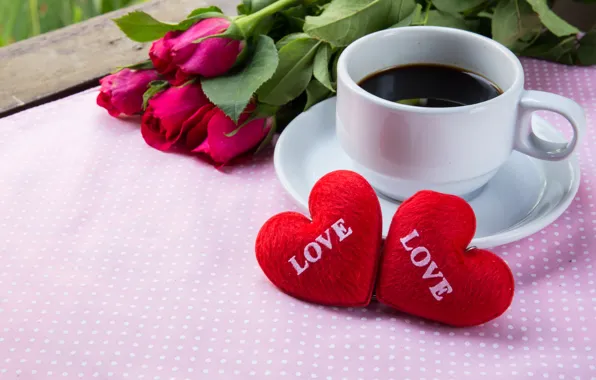 Flowers, holiday, coffee, roses, hearts, Valentine's day