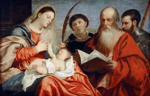 Picture Titian Vecellio, 1520 approx., The Madonna and child, St. Stephen, St. Jerome and St. Mauritius