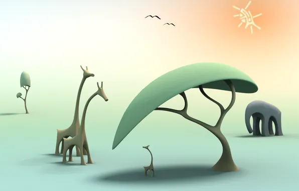 Picture the sun, tree, elephant, giraffe