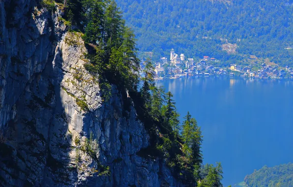 Trees, mountains, the city, lake, rocks, home