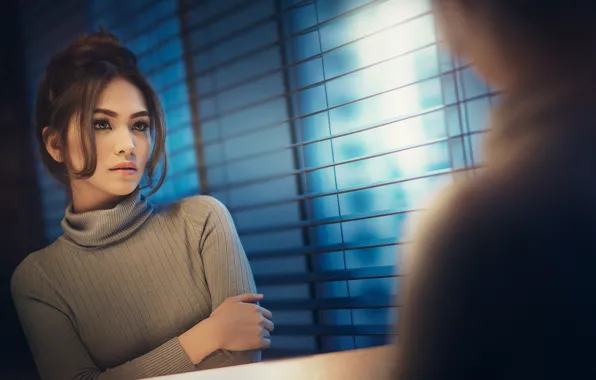 Pose, reflection, model, portrait, makeup, mirror, brunette, window