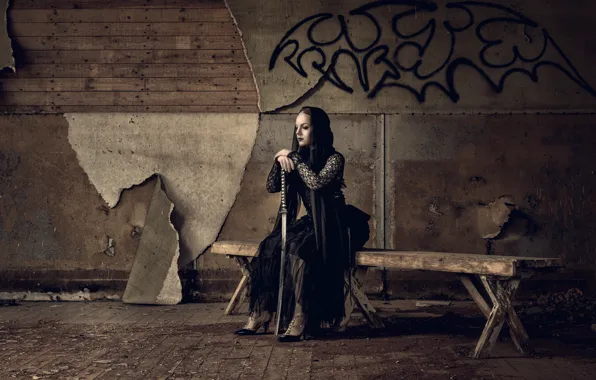 Picture girl, sword, bench