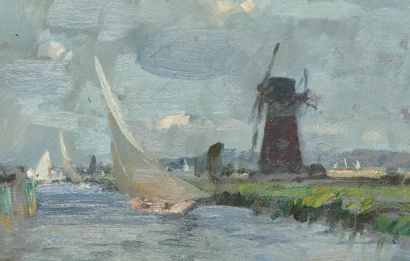Landscape, boat, picture, sail, windmill, Edward Seago, Breezy Day on the Ant. Norfolk