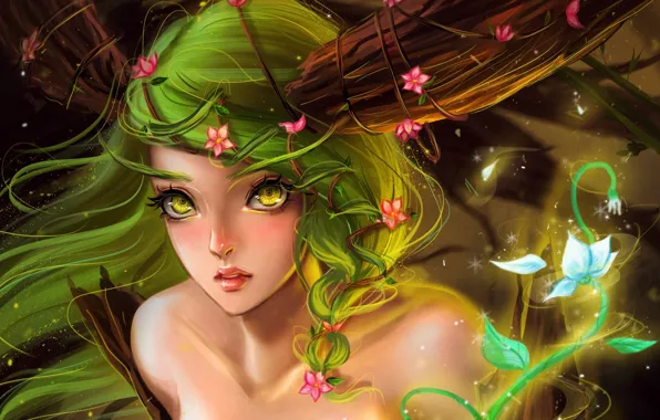 Lights, magic, Fairy, flowers, green hair