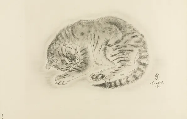 Picture 1929, sleeping cat, Tsuguharu, Fujita, The Book Of Cats, Japanese kanji