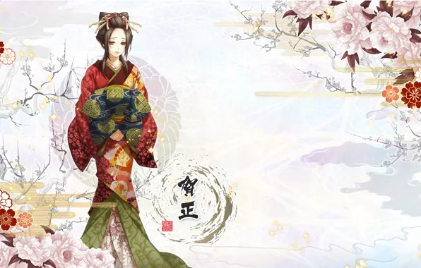 Picture girl, flowers, characters, kimono, Hakuouki, Yukimura Chizuru