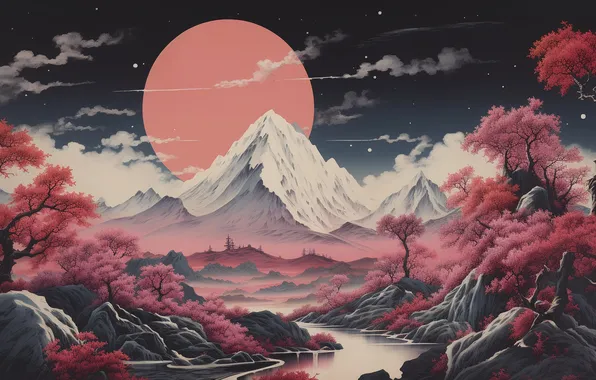 The sky, clouds, snow, mountains, night, river, rocks, the moon