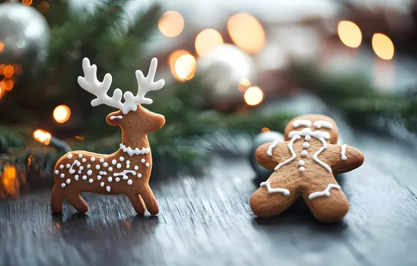 Light, branches, lights, table, Board, deer, cookies, Christmas