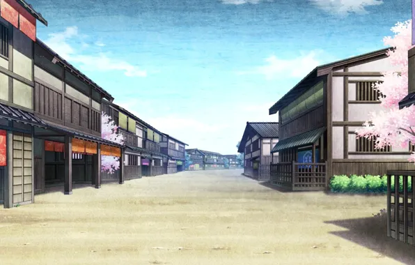 Picture the sky, street, home, Sakura, Japan, game, Kaji wait to wring Kaguya, deserted