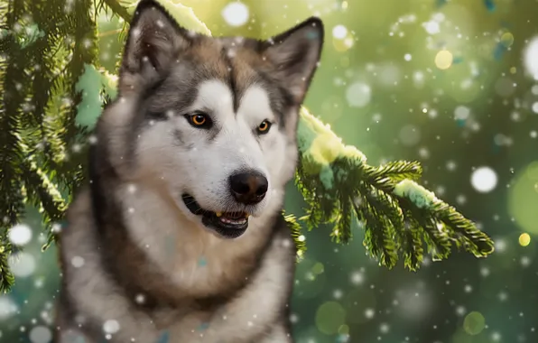 Picture forest, background, spruce, dog, Malamute