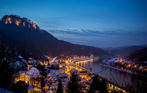 Picture winter, snow, the city, river, mountain, home, the evening, Germany