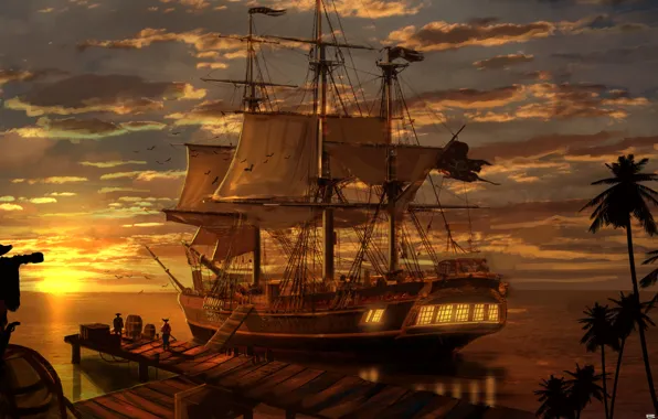 Picture sea, landscape, sunset, the evening, Ship, pirates