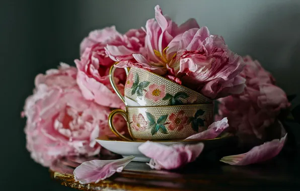 Flowers, style, petals, mug, Cup, peonies