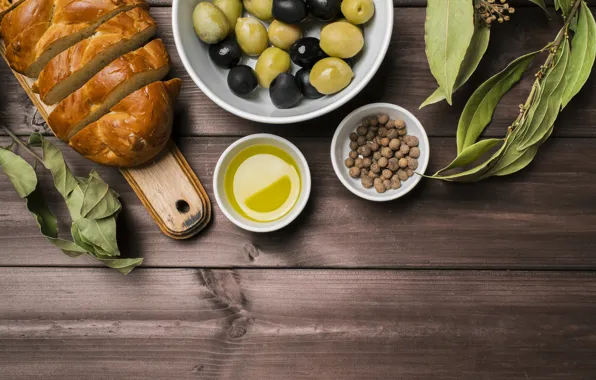 Bread, olives, olives, olive oil