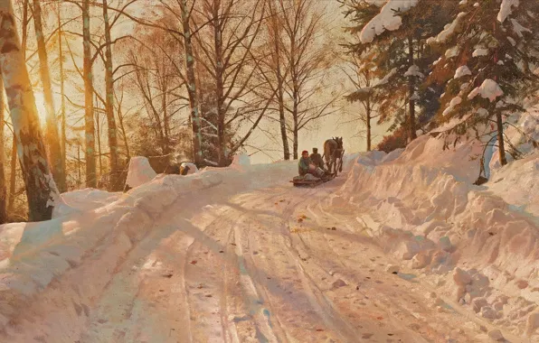 Picture 1918, Danish painter, Peter Merk Of Menstad, Peder Mørk Mønsted, Danish realist painter, Winter landscape …