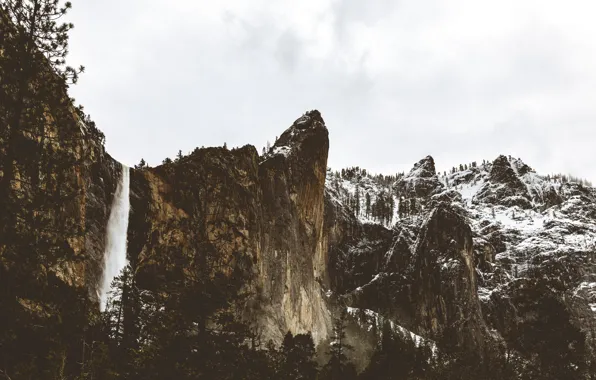 Forest, snow, landscape, mountains, nature, rocks, waterfall