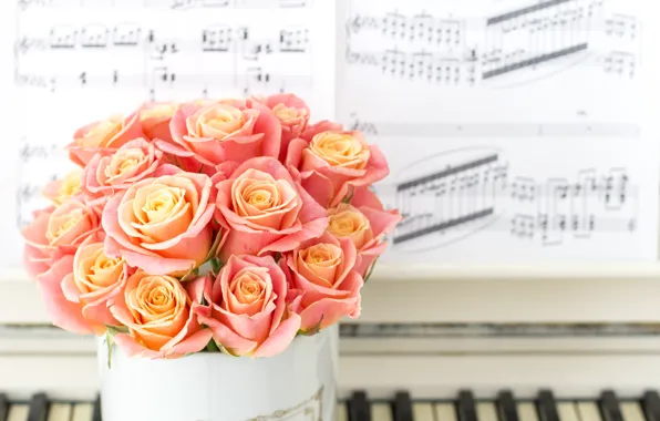 Notes, bouquet, vase, Roses
