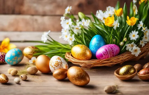 Flowers, eggs, spring, colorful, Easter, happy, flowers, spring