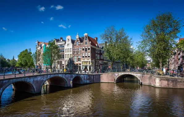 Picture summer, the sky, trees, bridge, bike, people, home, Amsterdam
