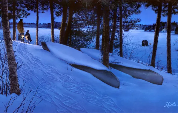 Picture winter, forest, stars, snow, lake, boats, the evening, lantern