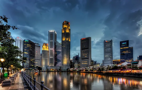 Water, clouds, the city, lights, reflection, home, skyscrapers, the evening