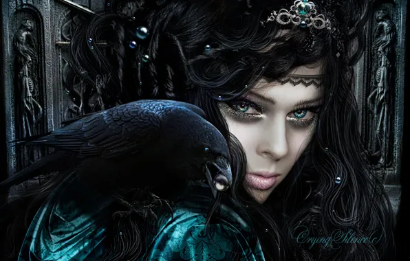 Picture eyes, look, fiction, beak, crown, makeup, witch, Raven