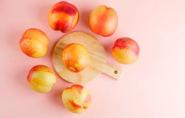 Fruit, peaches, pink background, the view from the top, composition, nectarines, cutting Board