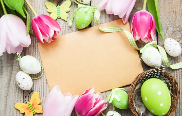 Flowers, eggs, spring, colorful, Easter, tulips, wood, pink