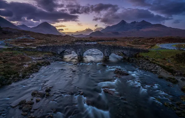 Mountains, bridge, river, Scotland, Scotland, Isle of Skye, Isle Of Skye, Cuillin Mountains