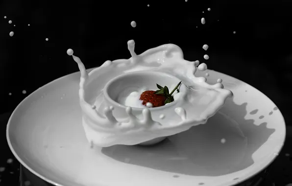 Picture drops, milk, strawberry, plate, Cup