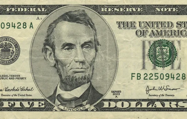Lincoln, note, five, dollar, united, reserve, $