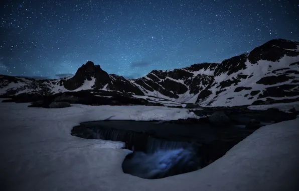 Picture ice, space, stars, mountains, stream, waterfall, mystery, The Milky Way