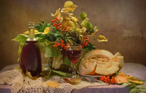 Autumn, leaves, wine, still life, melon