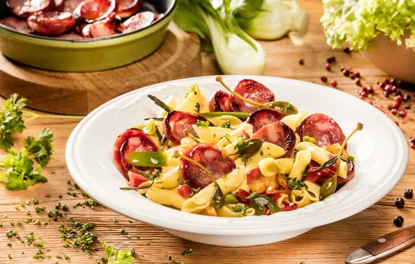 Sausage, pasta, capers