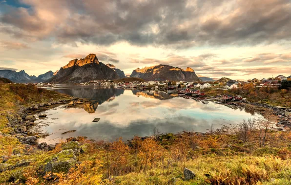 Autumn, grass, clouds, landscape, mountains, nature, reflection, stones
