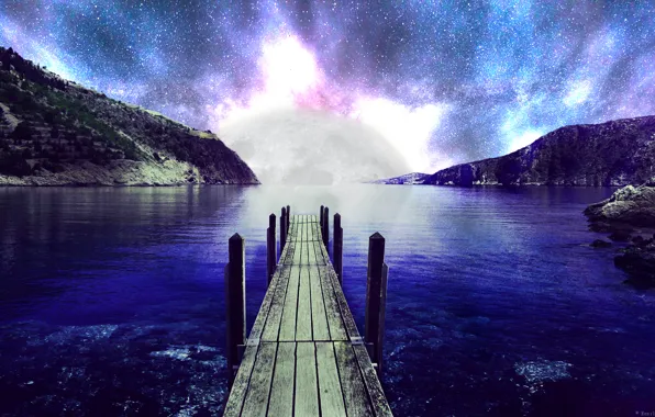 Sea, the sky, Islands, space, stars, the ocean, the moon, photoshop