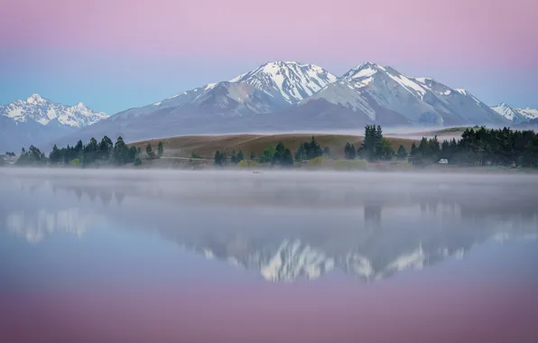Picture forest, mountains, fog, lake, reflection, river, hills, shore