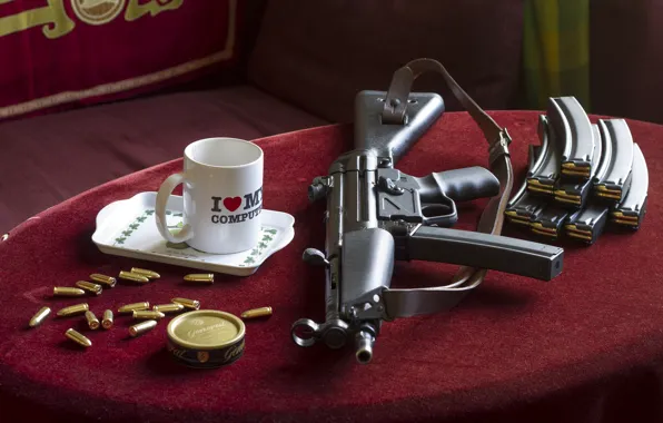 Picture table, background, mug, cartridges, the gun, MP5, model No. 5, nine millimeter