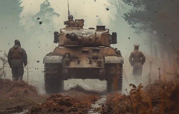 Trees, Dirt, Soldiers, Tank, WWII, The great Patriotic war, The Second World War, Digital art