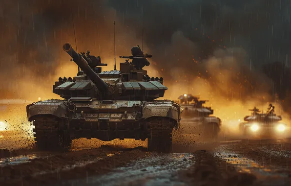 Road, Smoke, Rain, Dirt, Tanks, Digital art, Column, AI art